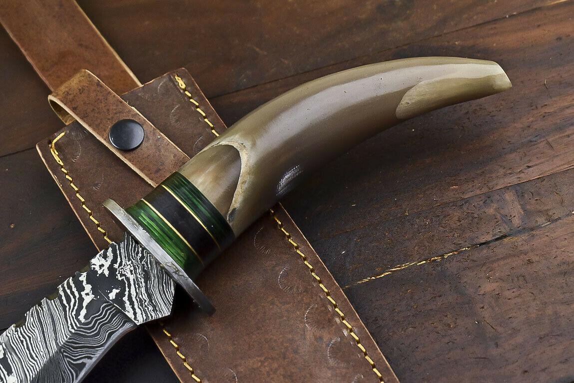 14.5" Damascus Steel Bowie Knife – Bull Horn Handle & Damascus Guard