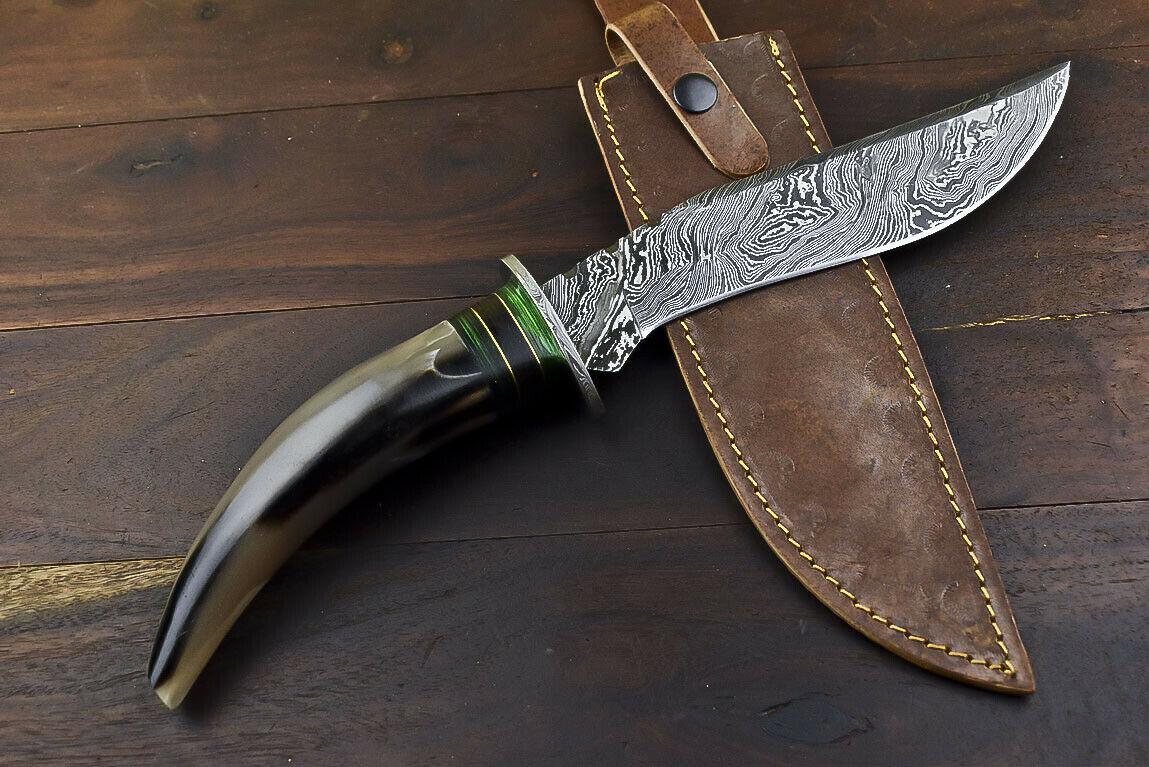 14.5" Damascus Steel Bowie Knife – Bull Horn Handle & Damascus Guard