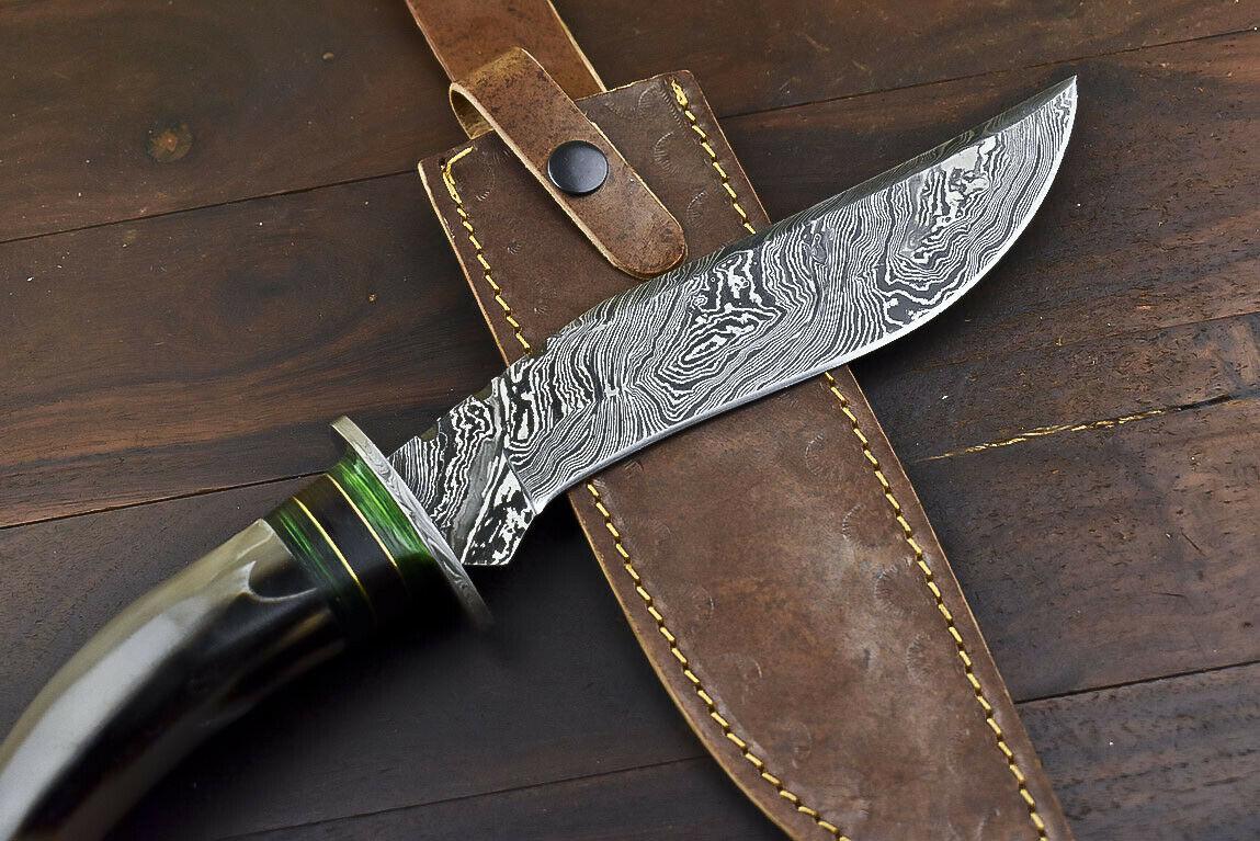 14.5" Damascus Steel Bowie Knife – Bull Horn Handle & Damascus Guard
