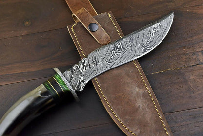 14.5" Damascus Steel Bowie Knife – Bull Horn Handle & Damascus Guard