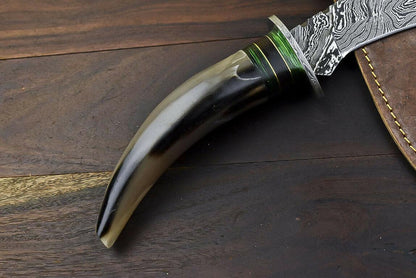 14.5" Damascus Steel Bowie Knife – Bull Horn Handle & Damascus Guard