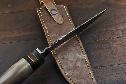 14.5" Damascus Steel Bowie Knife – Bull Horn Handle & Damascus Guard