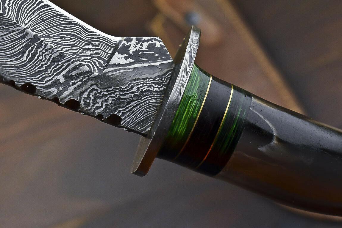 14.5" Damascus Steel Bowie Knife – Bull Horn Handle & Damascus Guard