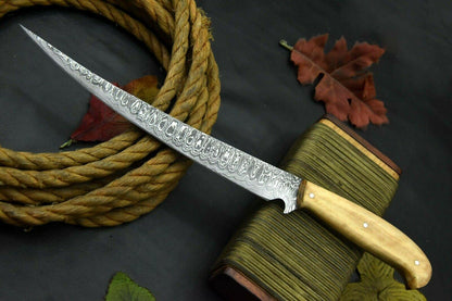 Custom 13.0" OAL Handmade Damascus Fillet Knife & Damascus Steel Fillet Knife W/Sheath