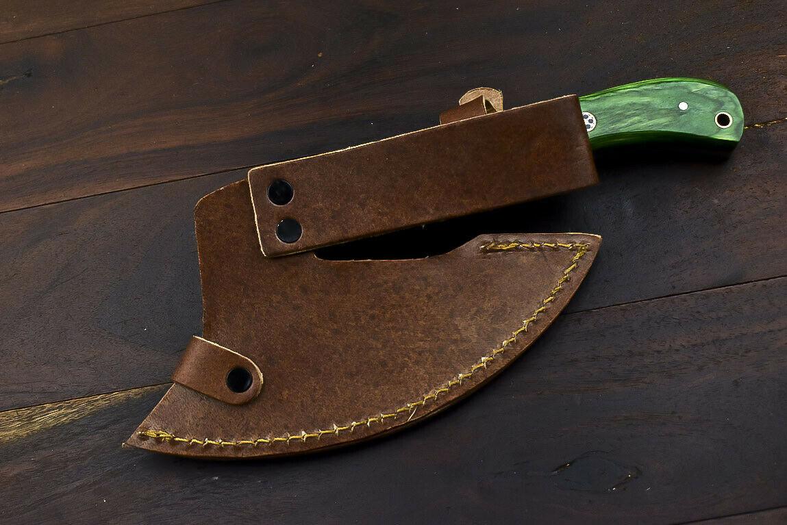 Rare Handmade Damascus Steel Hunting Axe Knife Hard Wood Handle Clever Chopper with Leather Sheath