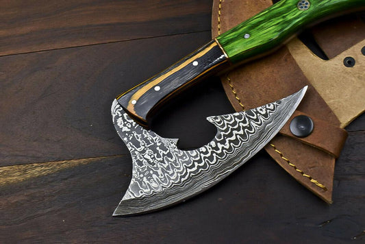 Rare Handmade Damascus Steel Hunting Axe Knife Hard Wood Handle Clever Chopper with Leather Sheath