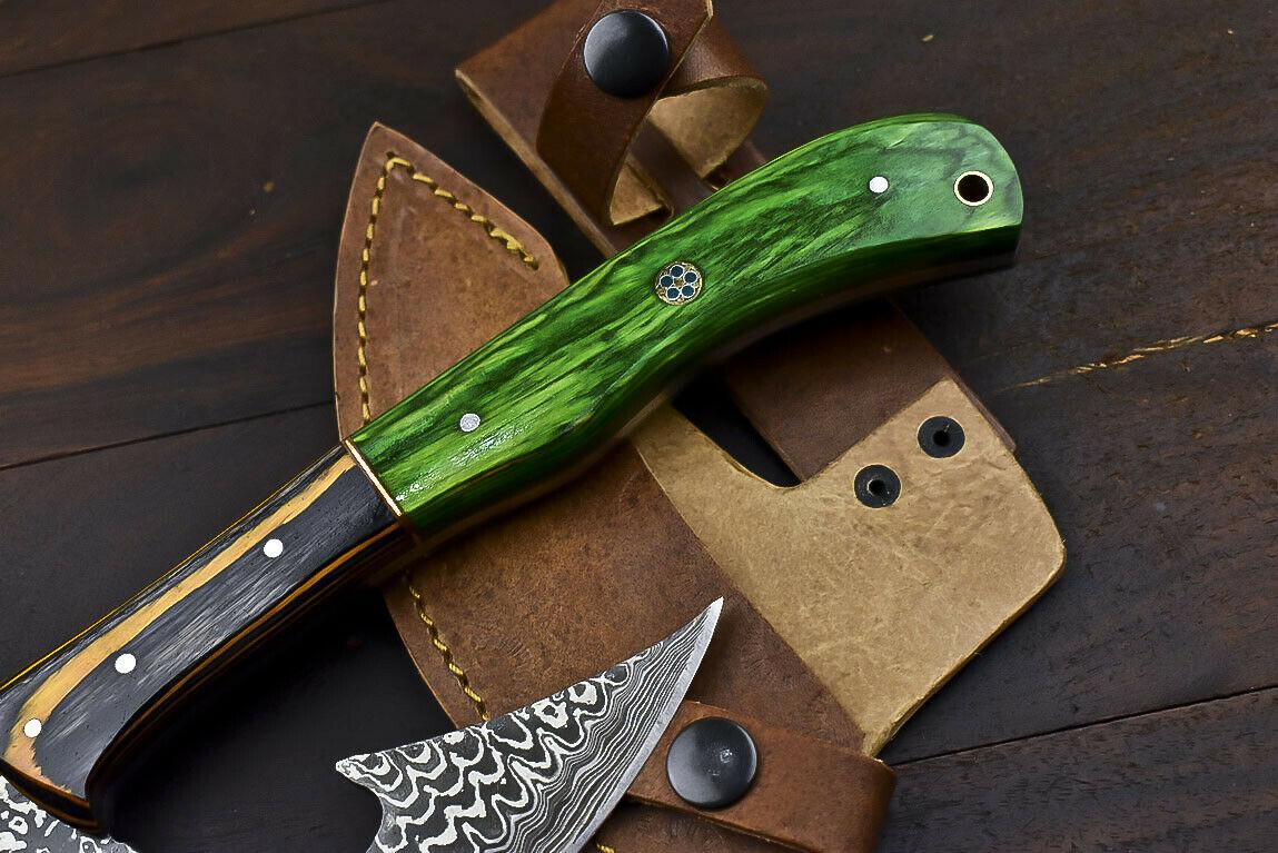 Rare Handmade Damascus Steel Hunting Axe Knife Hard Wood Handle Clever Chopper with Leather Sheath