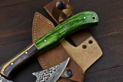 Rare Handmade Damascus Steel Hunting Axe Knife Hard Wood Handle Clever Chopper with Leather Sheath