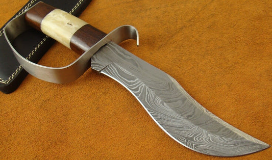 Heritage Forge 12.4" D-Guard Damascus Steel Bowie Knife with Rosewood and Camel Bone Handle