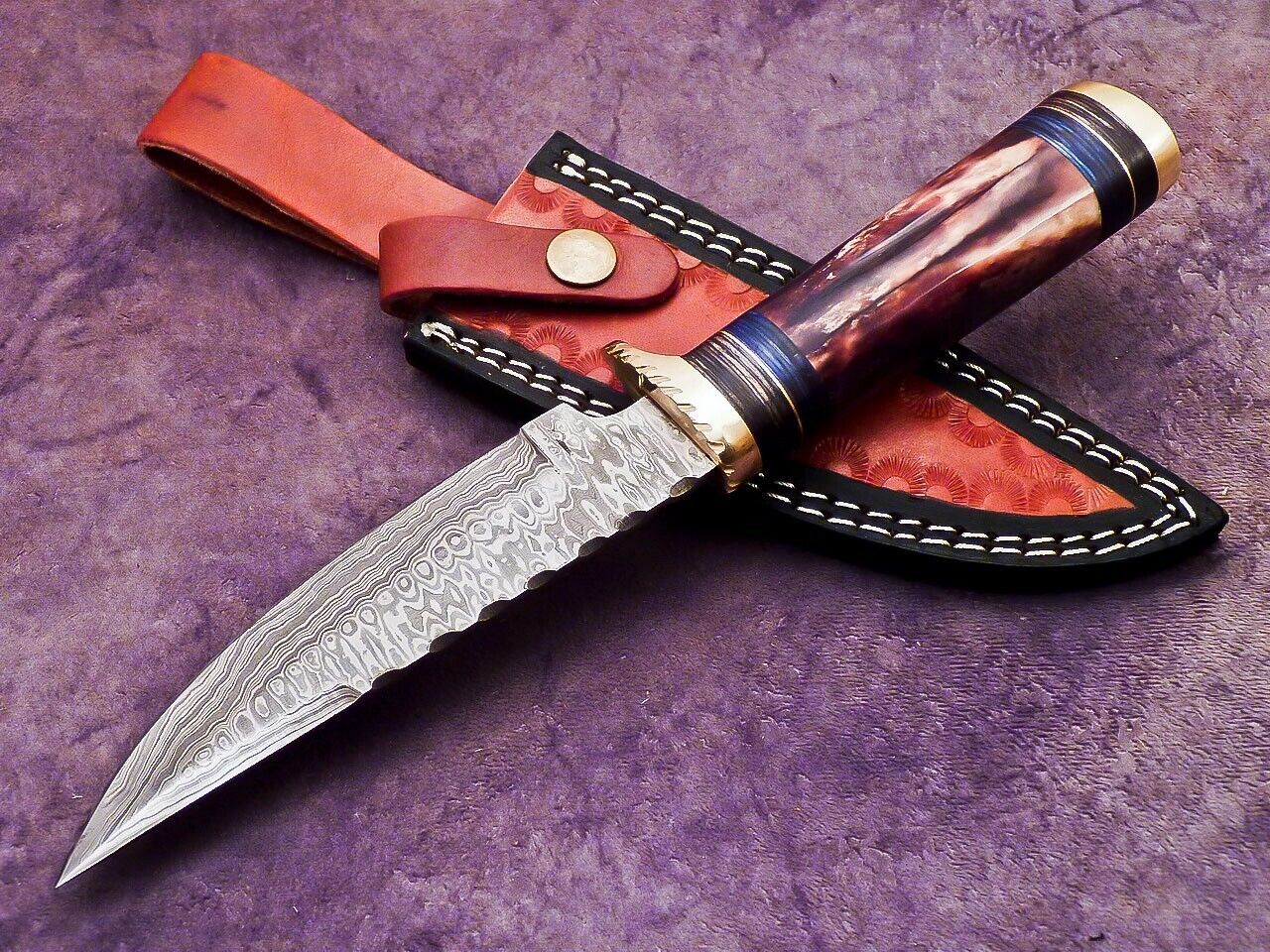 Heritage Forge 10 Inch Damascus Steel Bowie Knife with Stag Handle