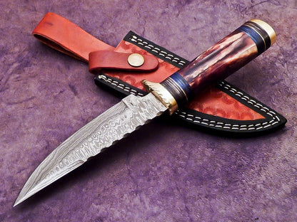 Heritage Forge 10 Inch Damascus Steel Bowie Knife with Stag Handle
