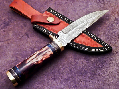 Heritage Forge 10 Inch Damascus Steel Bowie Knife with Stag Handle