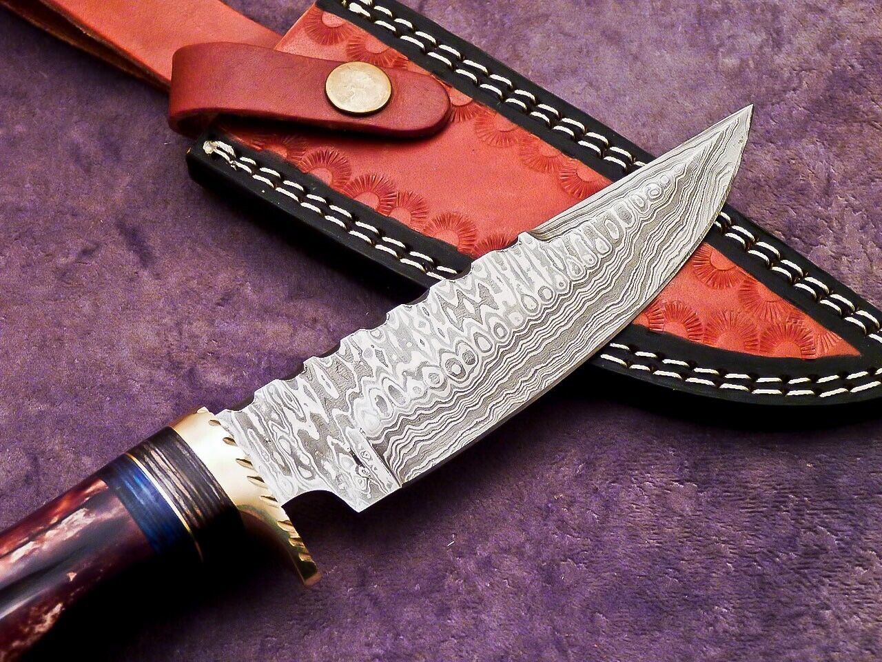 Heritage Forge 10 Inch Damascus Steel Bowie Knife with Stag Handle