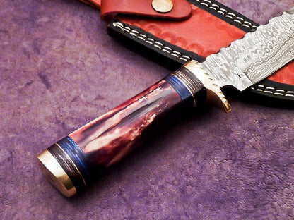 Heritage Forge 10 Inch Damascus Steel Bowie Knife with Stag Handle