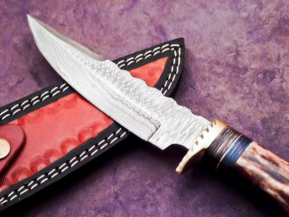 Heritage Forge 10 Inch Damascus Steel Bowie Knife with Stag Handle