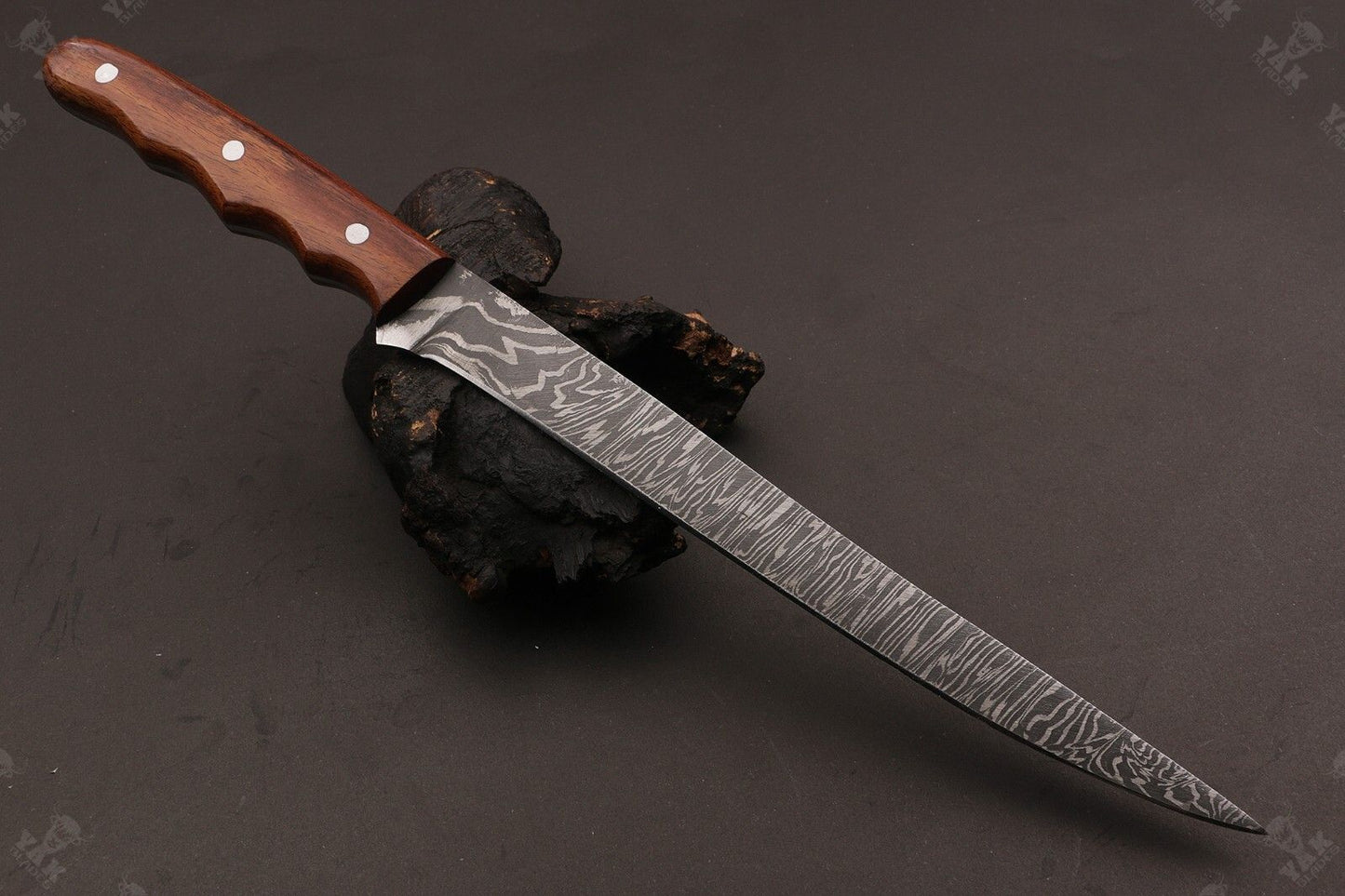 14" Custom Hand Forged Fire Damascus Steel Fillet Knife Damascus Fillet Knife W/Sheath