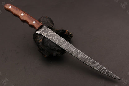 14" Custom Hand Forged Fire Damascus Steel Fillet Knife Damascus Fillet Knife W/Sheath