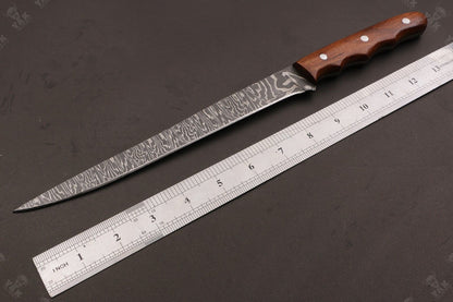 14" Custom Hand Forged Fire Damascus Steel Fillet Knife Damascus Fillet Knife W/Sheath