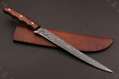 14" Custom Hand Forged Fire Damascus Steel Fillet Knife Damascus Fillet Knife W/Sheath