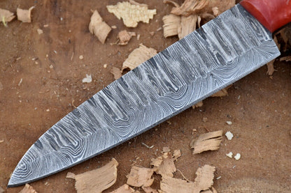 Hand Forged Damascus Steel Kitchen Chef Knife 9" Custom Handmade Pink Resin Handle with Leather Sheath