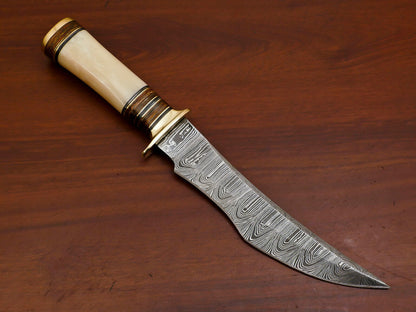 Heritage Forge 12 Inch Handmade Damascus Steel Bowie Knife with Camel Bone and Pakka Wood Handle and Leather Sheath