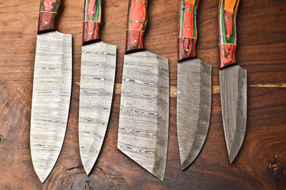 Custom Lot of 5 Handmade Hammered Damascus Steel Blade Chef Set Knife