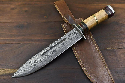 14.5" Damascus Steel Bowie Knife – Olive Wood Handle & Leather Sheath