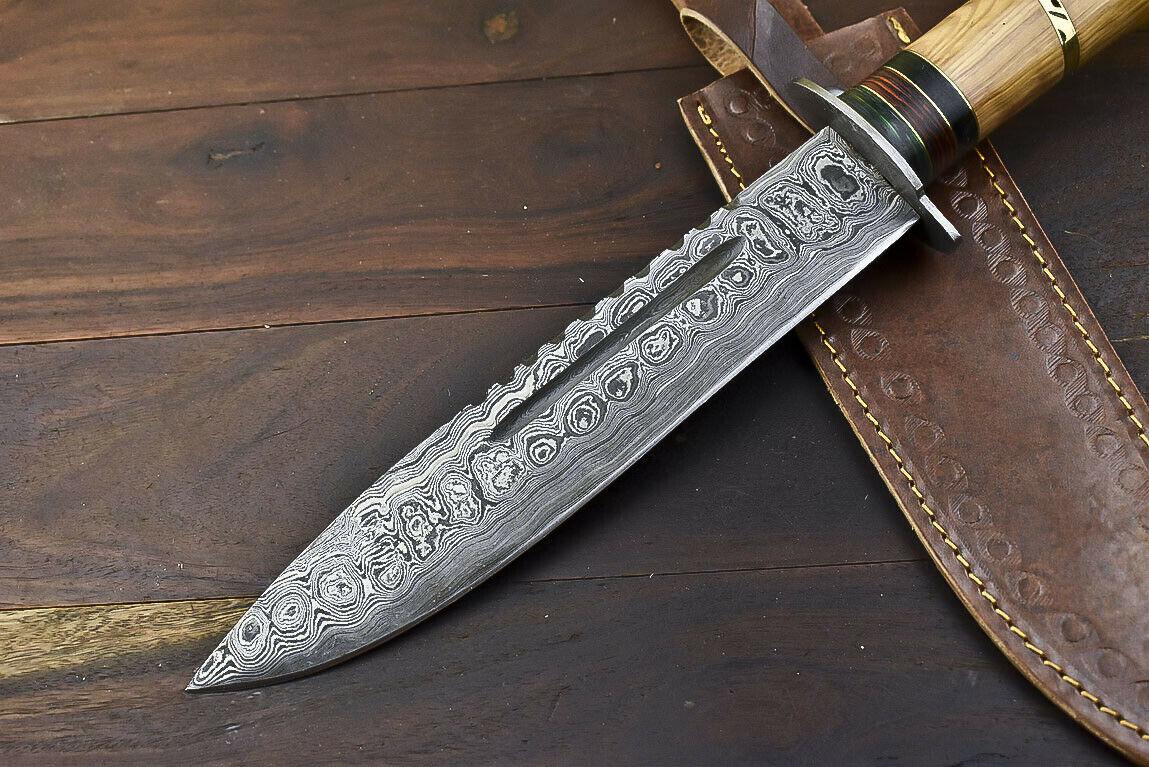 14.5" Damascus Steel Bowie Knife – Olive Wood Handle & Leather Sheath