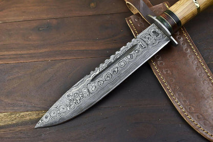 14.5" Damascus Steel Bowie Knife – Olive Wood Handle & Leather Sheath