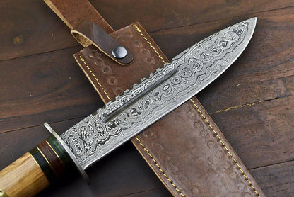 14.5" Damascus Steel Bowie Knife – Olive Wood Handle & Leather Sheath