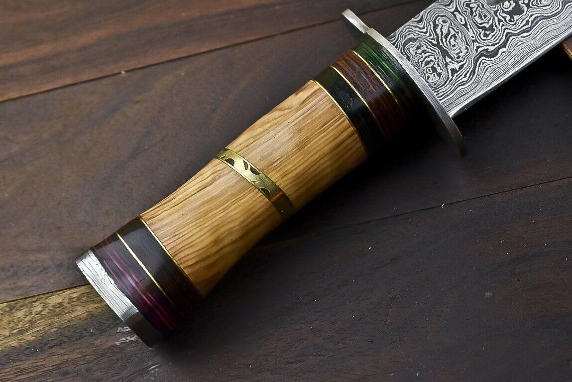 14.5" Damascus Steel Bowie Knife – Olive Wood Handle & Leather Sheath