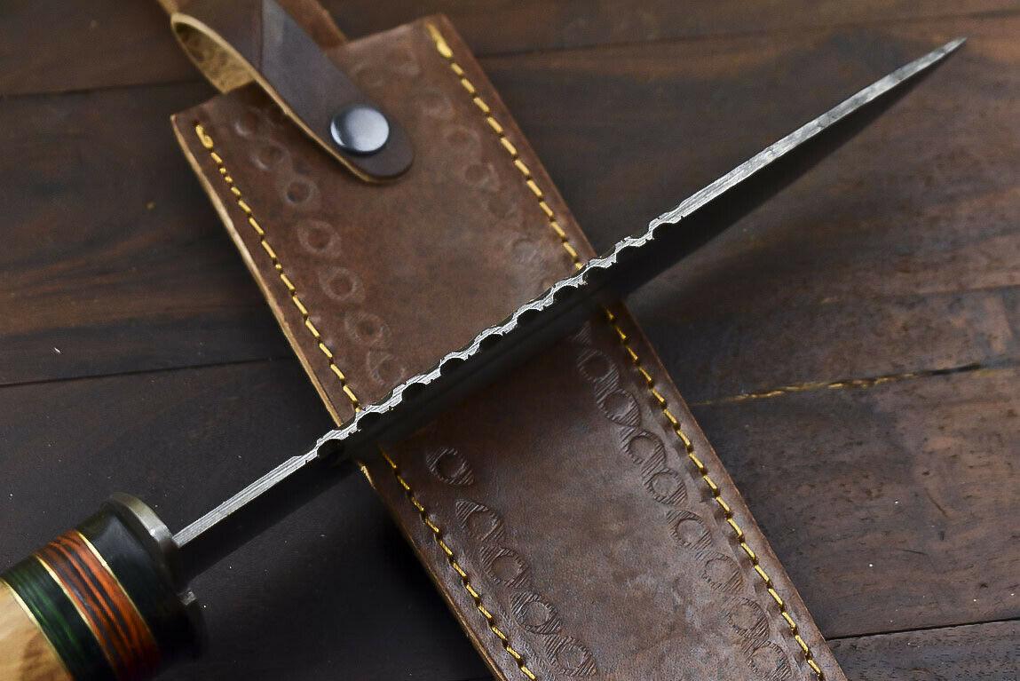 14.5" Damascus Steel Bowie Knife – Olive Wood Handle & Leather Sheath