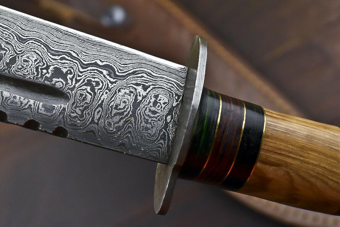 14.5" Damascus Steel Bowie Knife – Olive Wood Handle & Leather Sheath