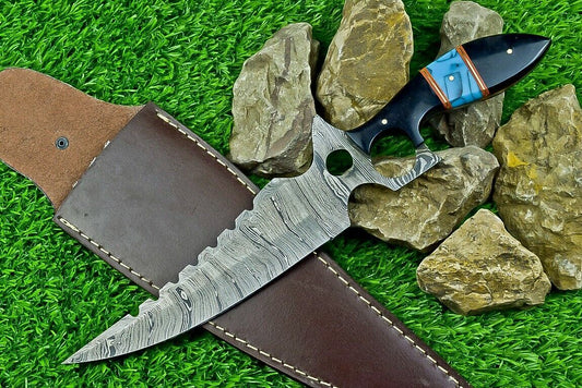 Heritage Forge 13 Inch Damascus Steel Bowie Knife with Bull Horn Resin Handle and Leather Sheath