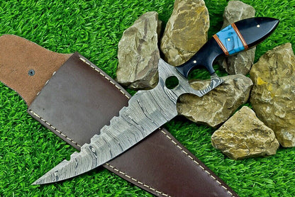 Heritage Forge 13 Inch Damascus Steel Bowie Knife with Bull Horn Resin Handle and Leather Sheath