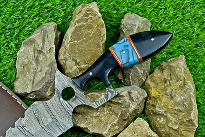 Heritage Forge 13 Inch Damascus Steel Bowie Knife with Bull Horn Resin Handle and Leather Sheath