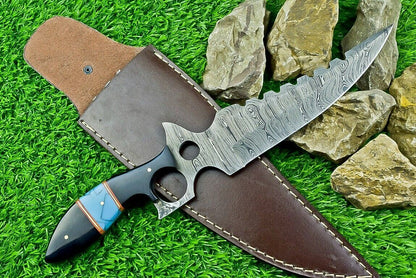 Heritage Forge 13 Inch Damascus Steel Bowie Knife with Bull Horn Resin Handle and Leather Sheath