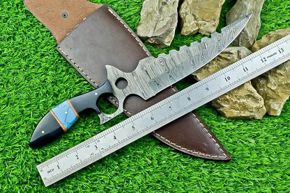 Heritage Forge 13 Inch Damascus Steel Bowie Knife with Bull Horn Resin Handle and Leather Sheath