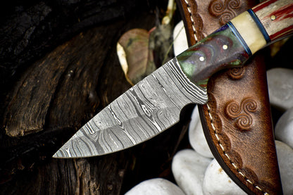 Twist Damascus Skinner Knife Bone and Wood Handle Micarta Bolster Sports Blade