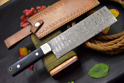 Custom Handmade Damascus Steel Nakiri Chef Knife with G-10 Micarta Handle – 11.4" Full Tang