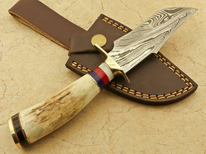 8.25 Inch Damascus Steel Hunting Knife with Stag Antler Handle