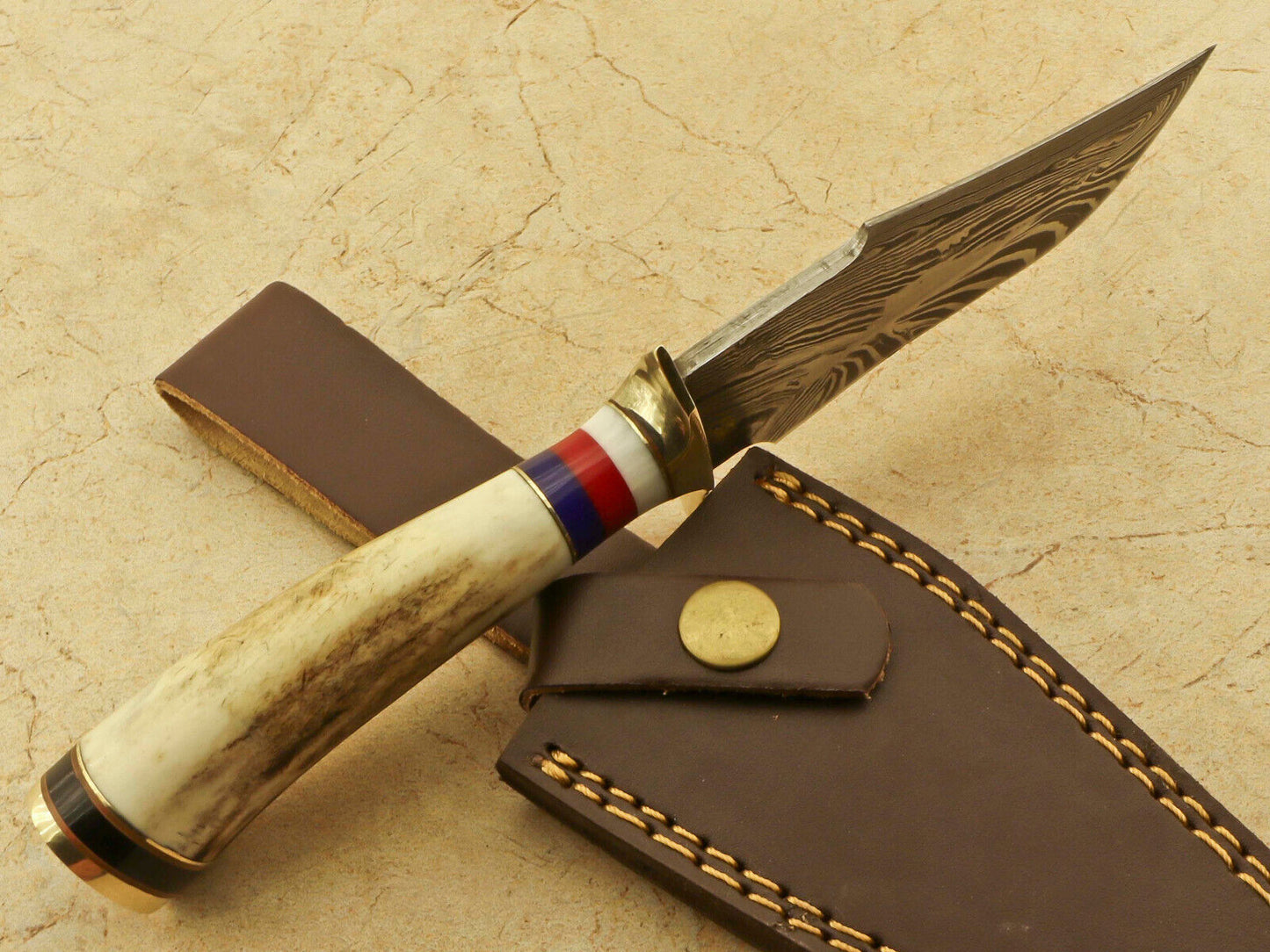 8.25 Inch Damascus Steel Hunting Knife with Stag Antler Handle