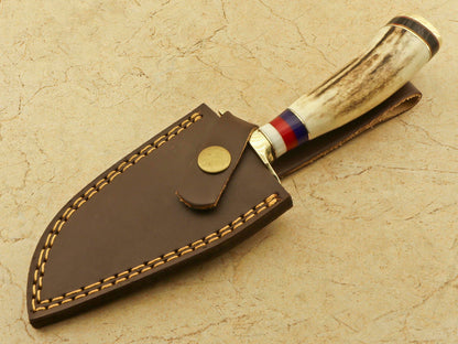 8.25 Inch Damascus Steel Hunting Knife with Stag Antler Handle