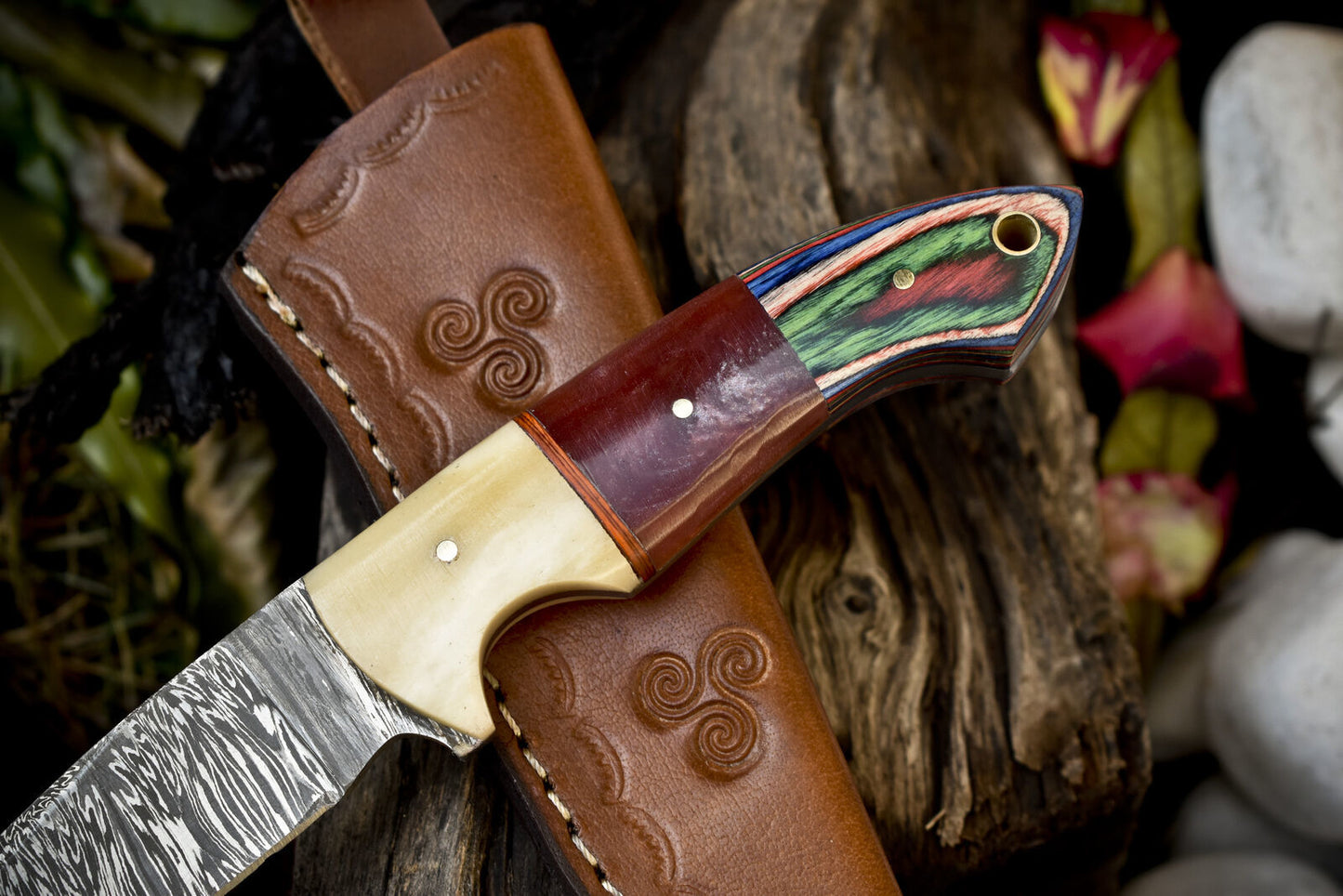 8" Forged Twist Damascus Skinner Knife Mixed Material Handle Outdoor Tactical Gift