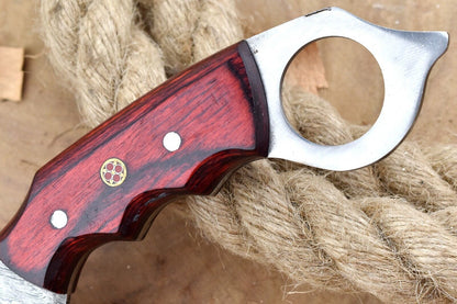 Custom Damascus Karambit Knife Hunting Karambit with Wood Handle and Sheath