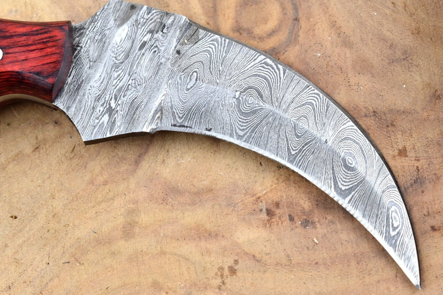Custom Damascus Karambit Knife Hunting Karambit with Wood Handle and Sheath