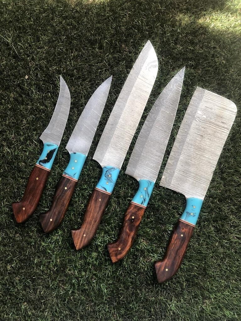 Custom Handmade Twist Damascus Steel Chef Knife Set with Leather Sheath