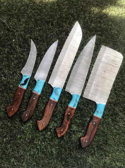 Custom Handmade Twist Damascus Steel Chef Knife Set with Leather Sheath