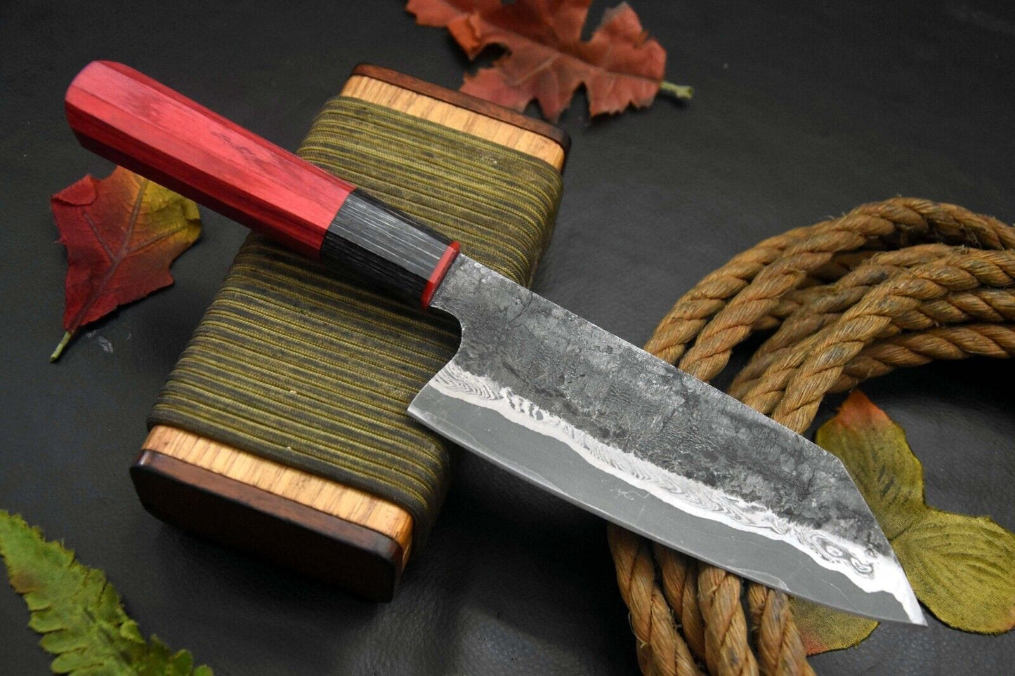 Custom Hammered San Mai Damascus Steel Chef Knife – Handmade with Wooden Handle – 11” OAL