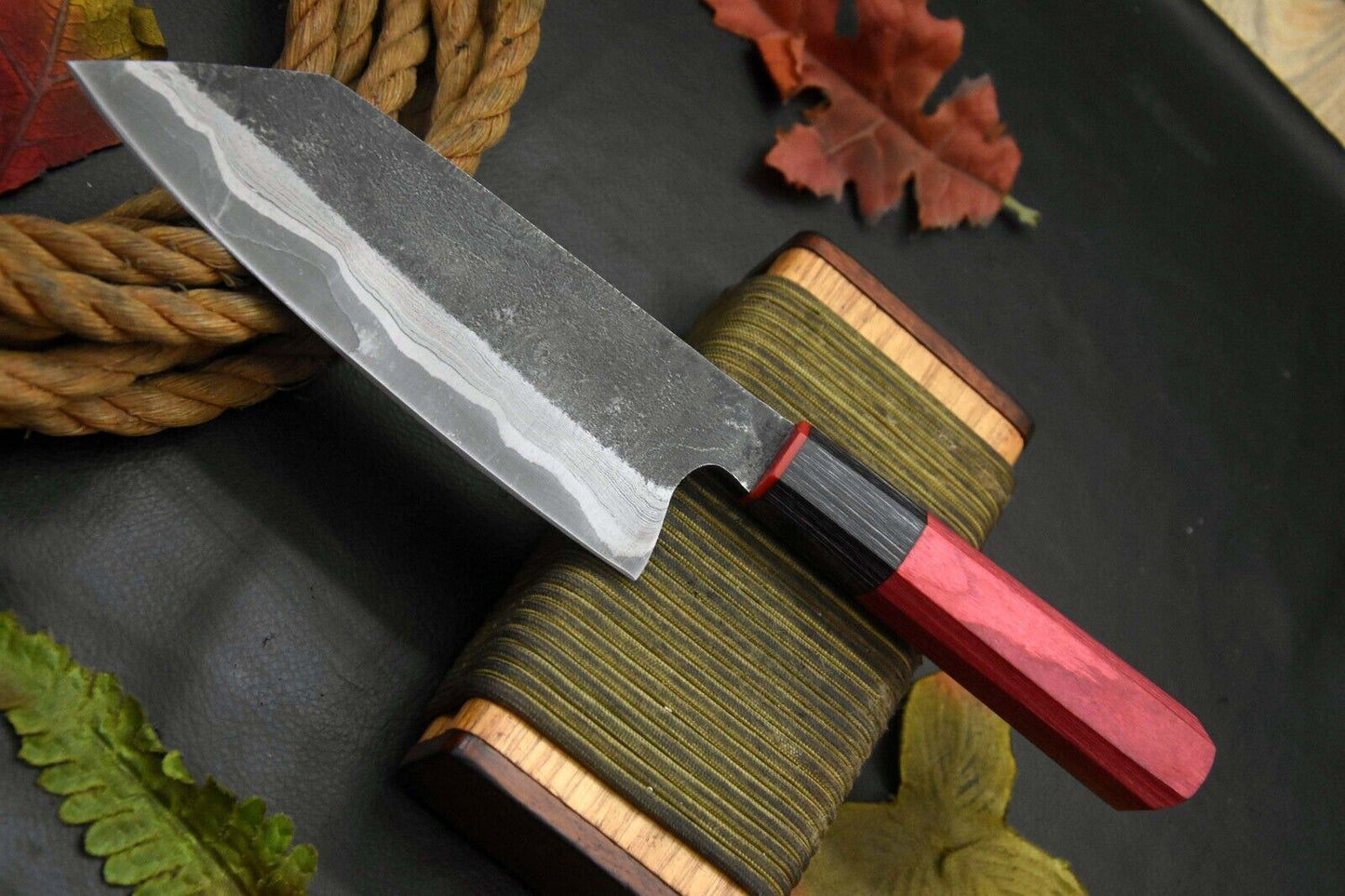 Custom Hammered San Mai Damascus Steel Chef Knife – Handmade with Wooden Handle – 11” OAL